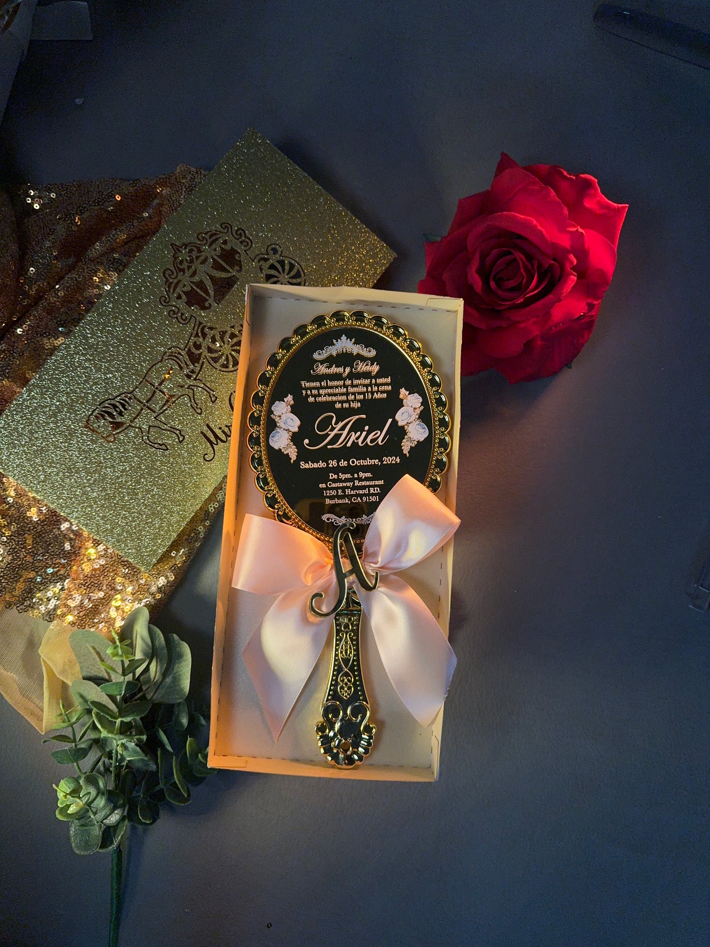 Acrylic Quinceañera Gold Hand Mirror