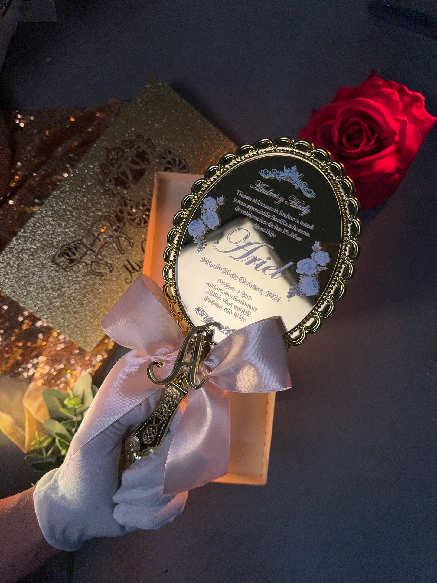 Acrylic Quinceañera Gold Hand Mirror