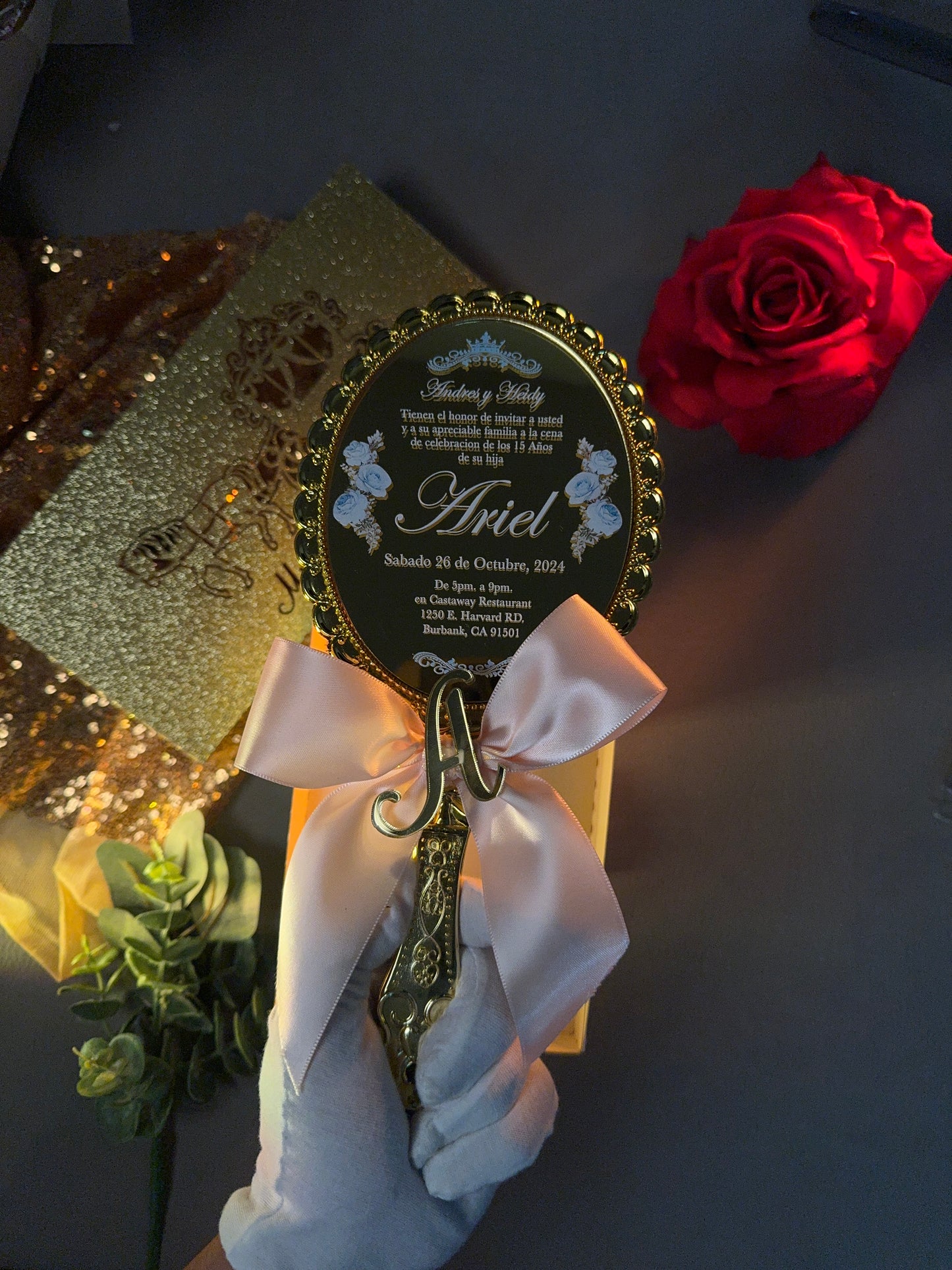 Acrylic Quinceañera Gold Hand Mirror