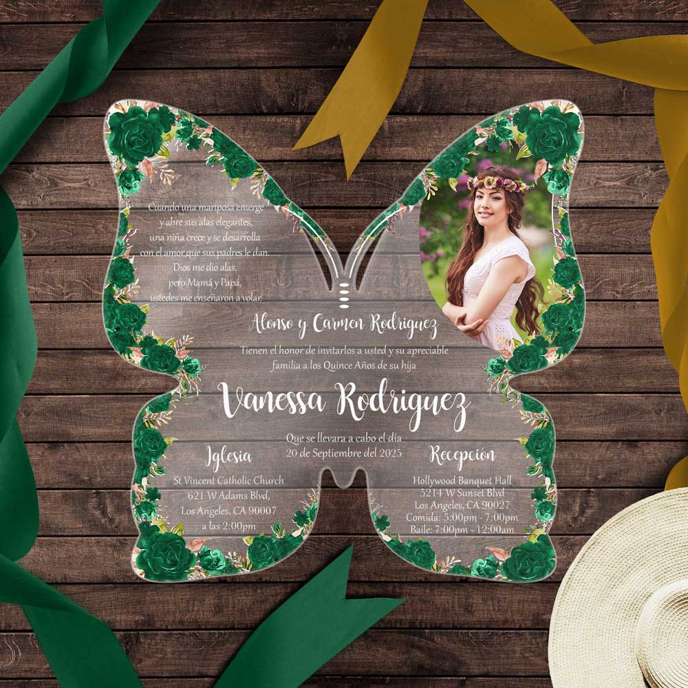 Butterfly Emerald Green Quinceañera Invitations - Enchanted Forest