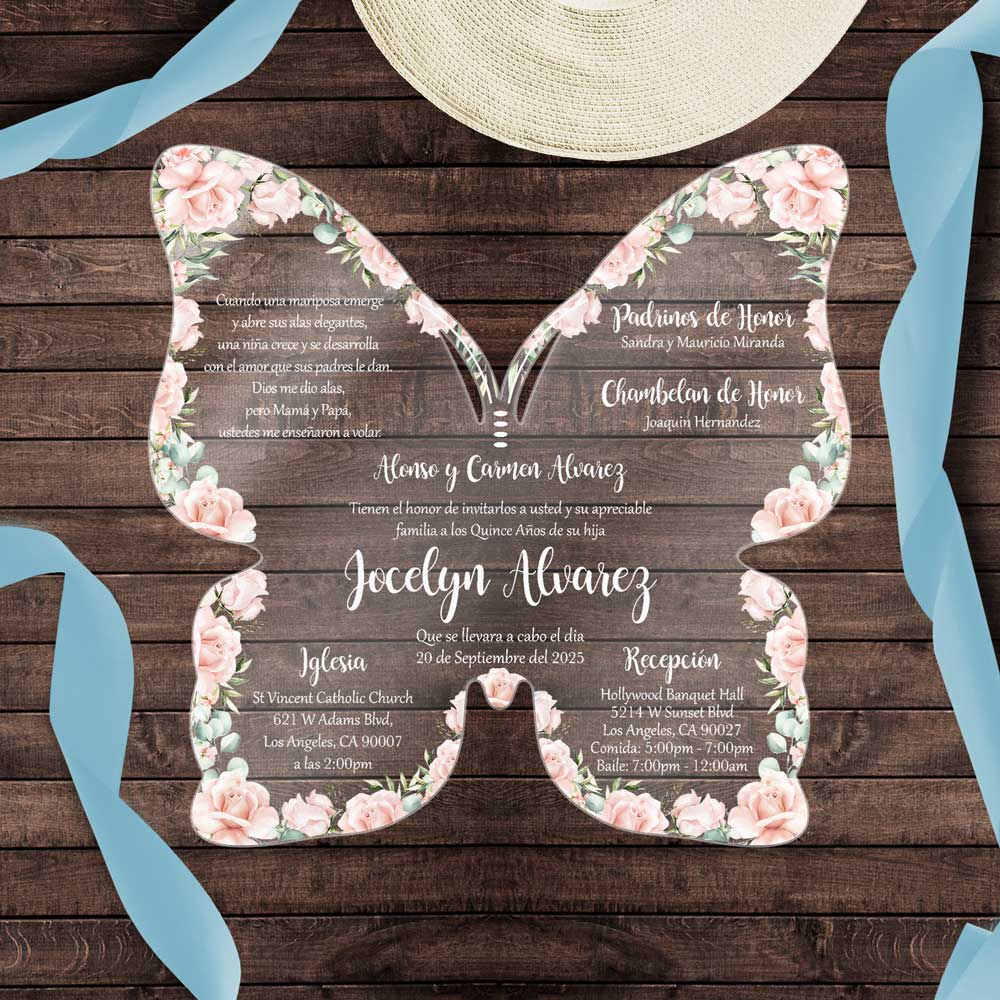 Pink Butterfly Acrylic Quinceanera Invitations,10pcs Custom