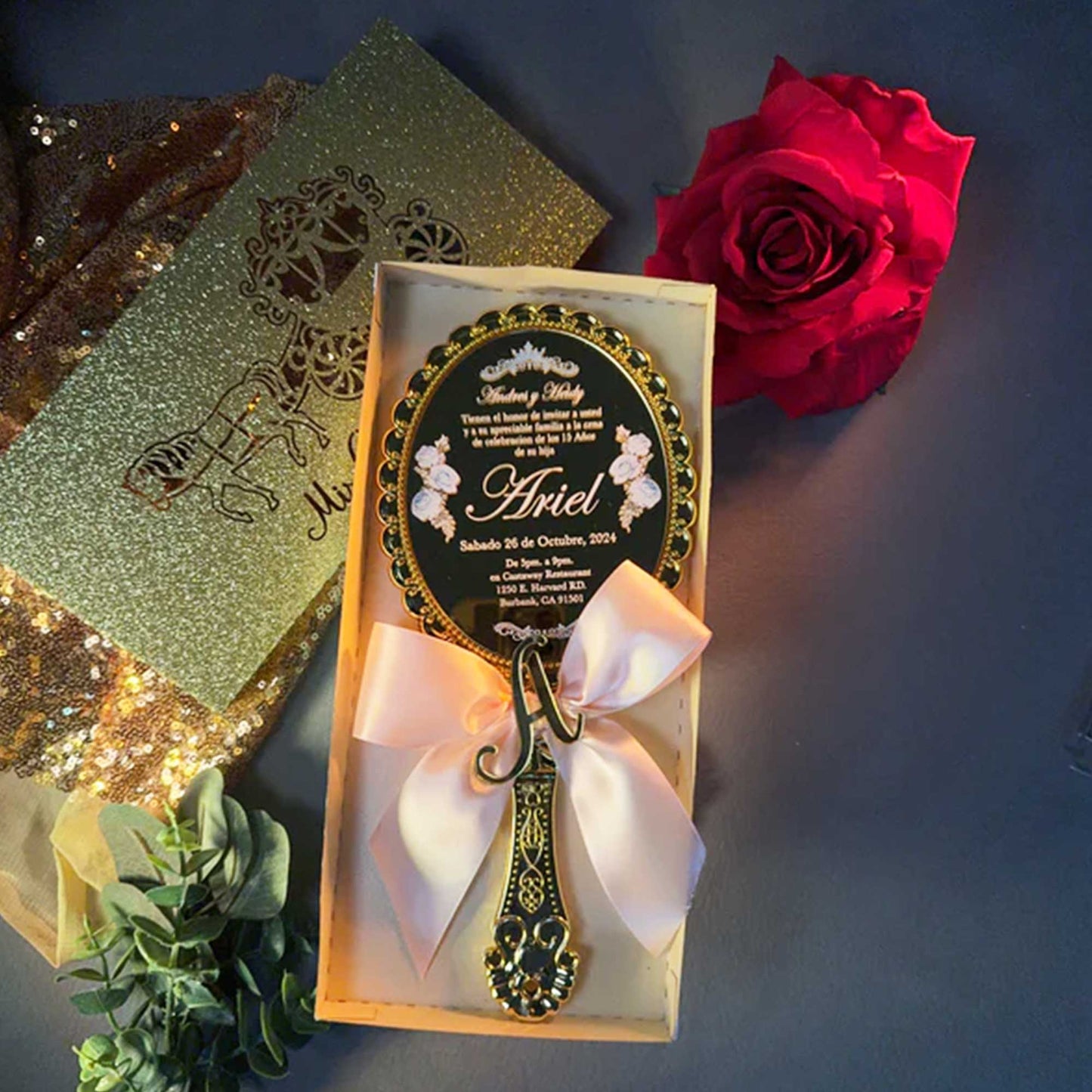 Acrylic Quinceañera Gold Hand Mirror (Invite Only)