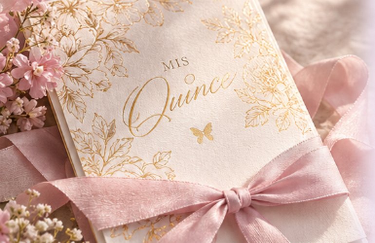 Gold-foil Mis Quince invitation tied with a pink silk ribbon